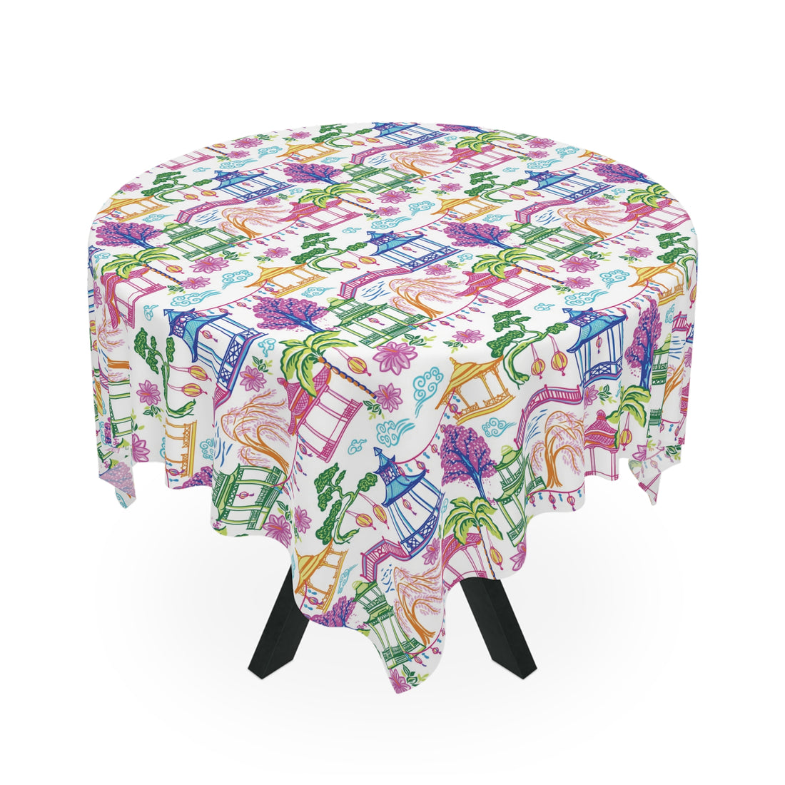 Chinoiserie Pagoda Garden Tablecloth, Grandmillennial Table Linen