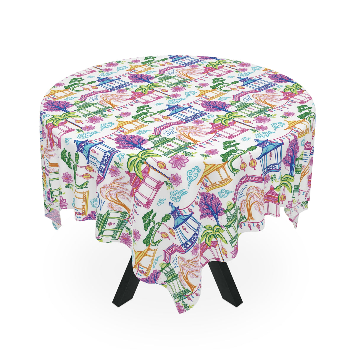 Chinoiserie Pagoda Garden Tablecloth, Grandmillennial Table Linen