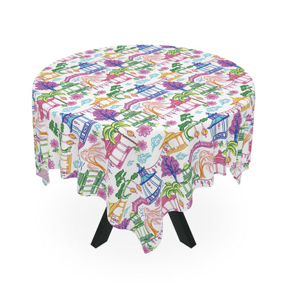 Chinoiserie Pagoda Garden Tablecloth, Grandmillennial Table Linen