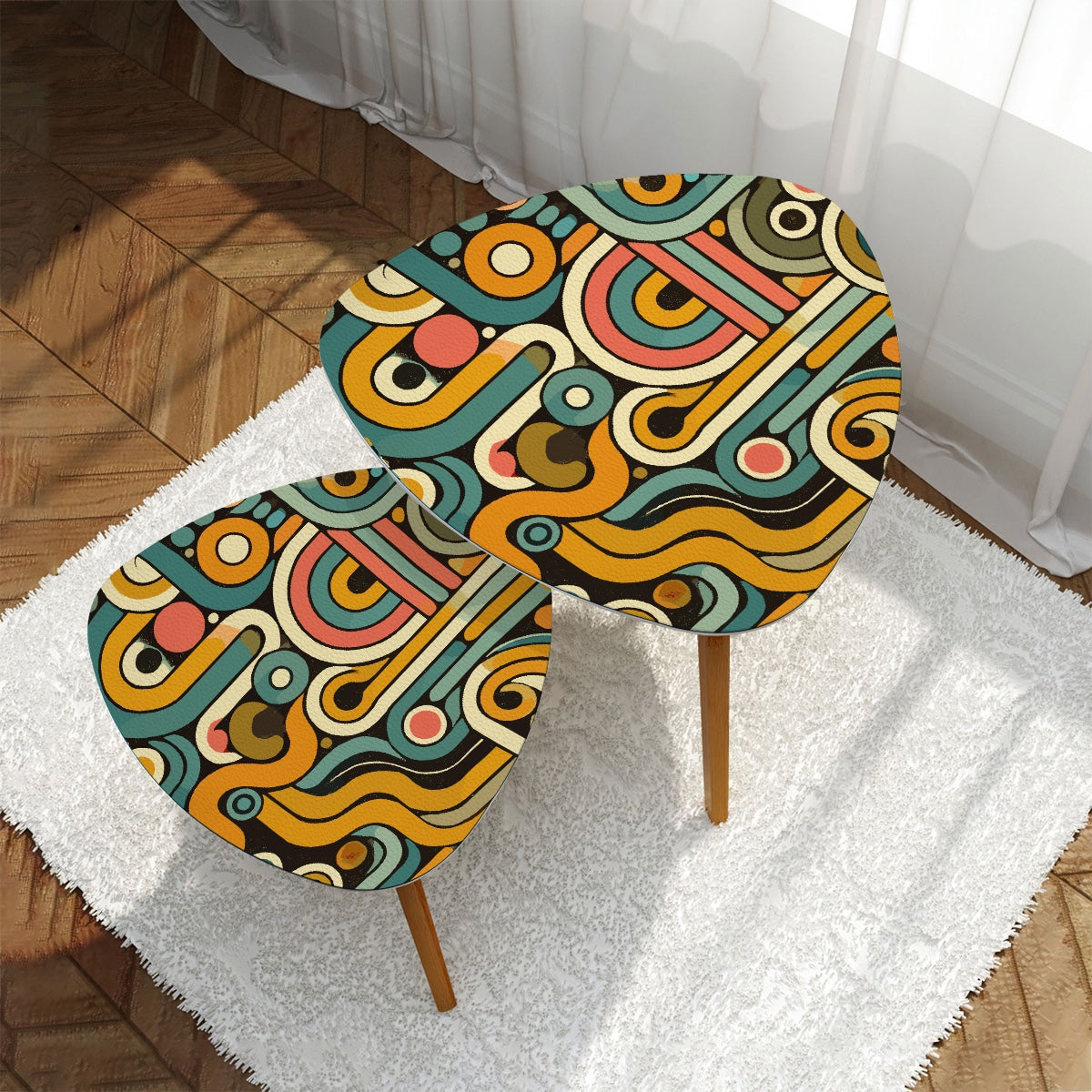 Retro Geometric Nesting Tables, 70s Psychedelic Wave Design, Mid Century Modern Accent Furniture