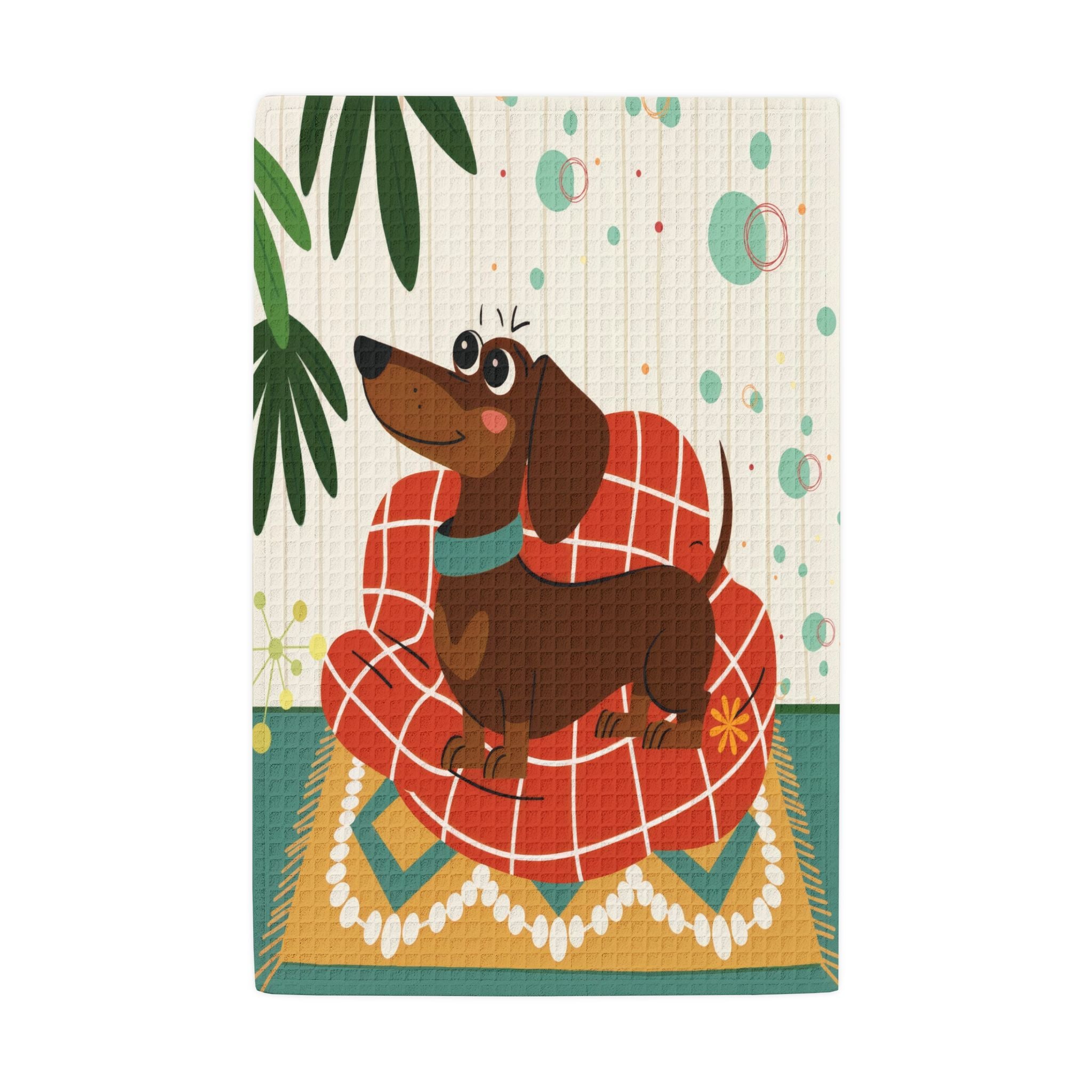 Kitschy Doxie Dachshund Retro 50s Waffle Weave Kitchen Towel