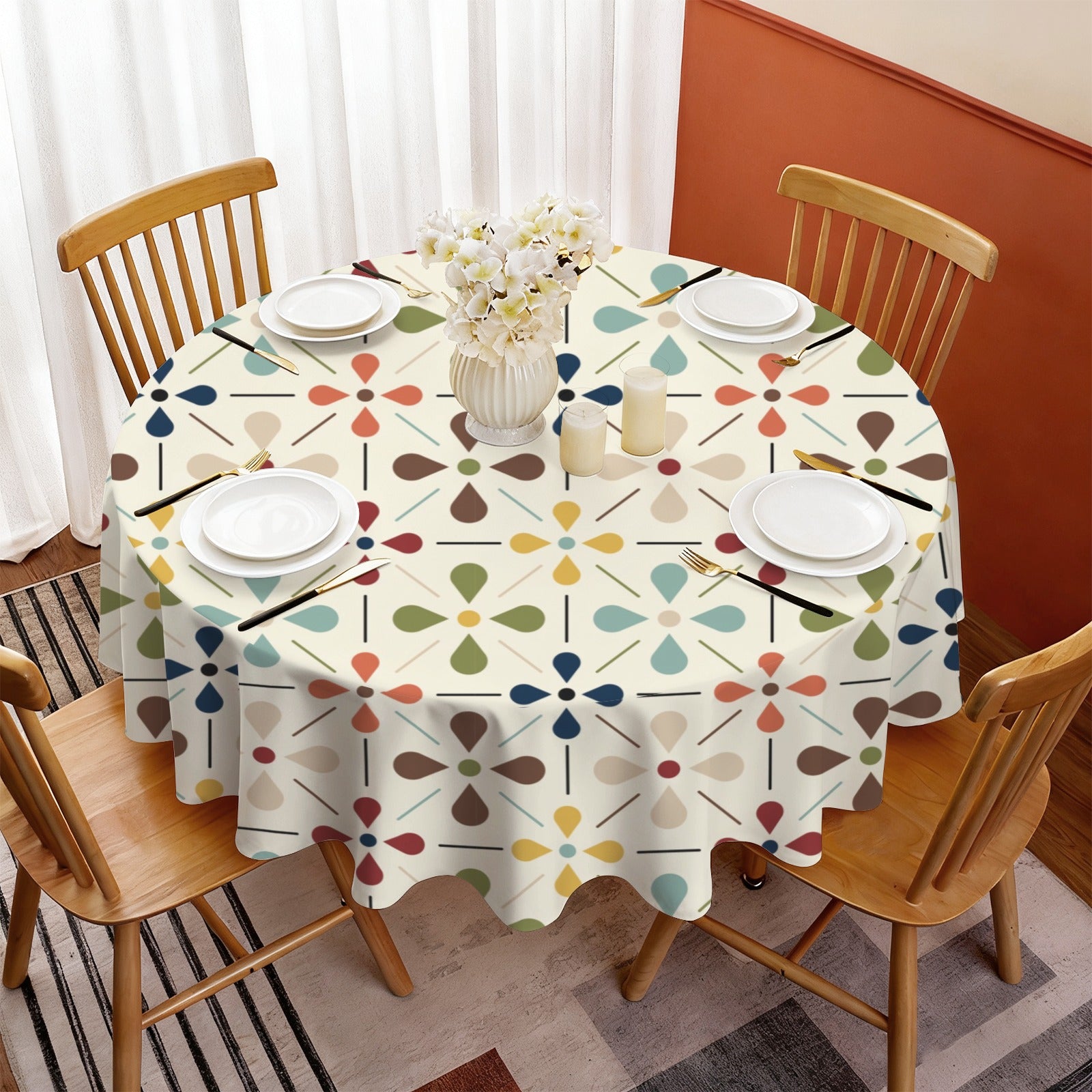 Scandinavian Danish Floral Mid Century Modern Retro Round Tablecloth