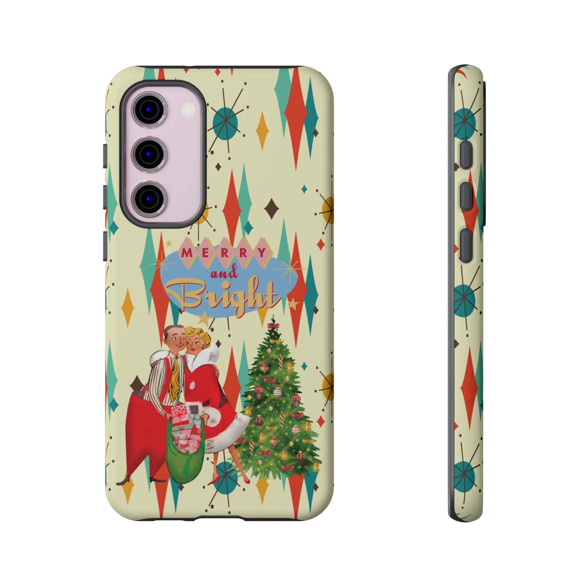 Merry and Bright Retro Christmas iPhone Case, 1950s Kitsch Mid Century Modern Holiday Cover, Atomic Starburst Vintage Phone Accessory