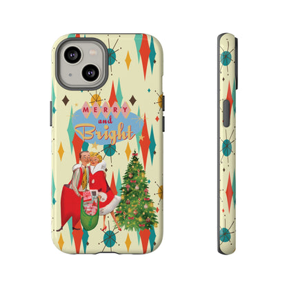 Merry and Bright Retro Christmas iPhone Case, 1950s Kitsch Mid Century Modern Holiday Cover, Atomic Starburst Vintage Phone Accessory