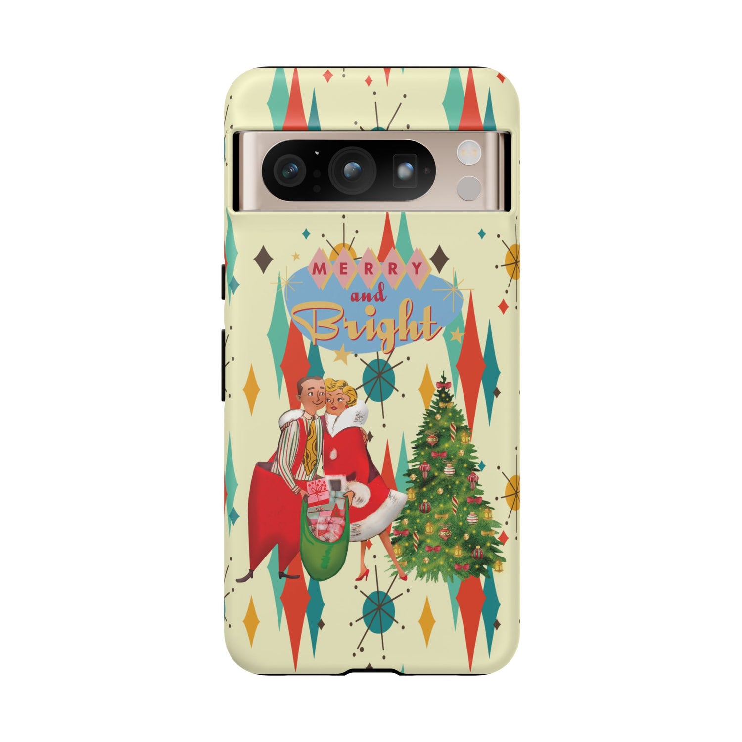 Merry and Bright Retro Christmas iPhone Case, 1950s Kitsch Mid Century Modern Holiday Cover, Atomic Starburst Vintage Phone Accessory