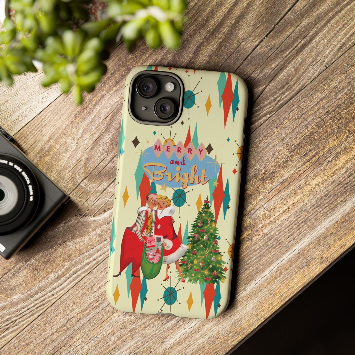 Merry and Bright Retro Christmas iPhone Case, 1950s Kitsch Mid Century Modern Holiday Cover, Atomic Starburst Vintage Phone Accessory