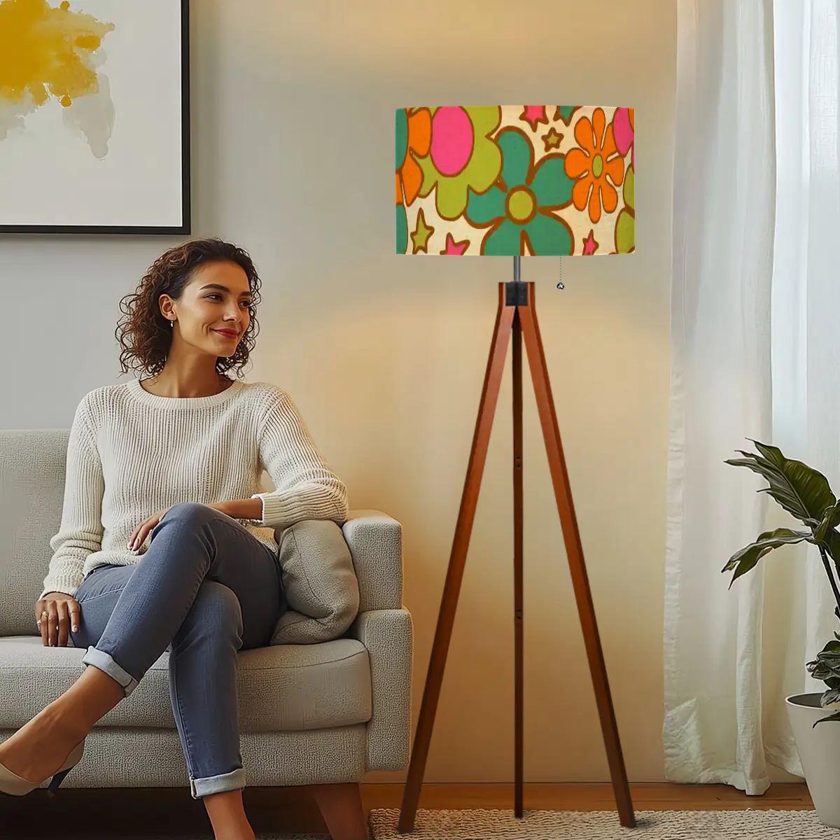 Groovy 70s Flower Power Mid Century Modern Tripod Floor Lamp