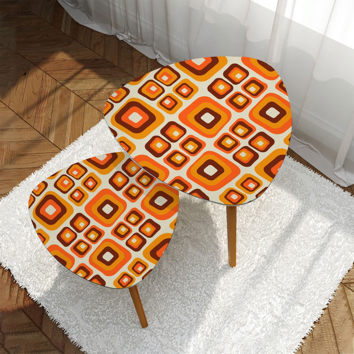 Retro Orange Brown Geometric Nesting Tables, Mid Century Modern Coffee Tables, 60s 70s Vintage Accent Furniture