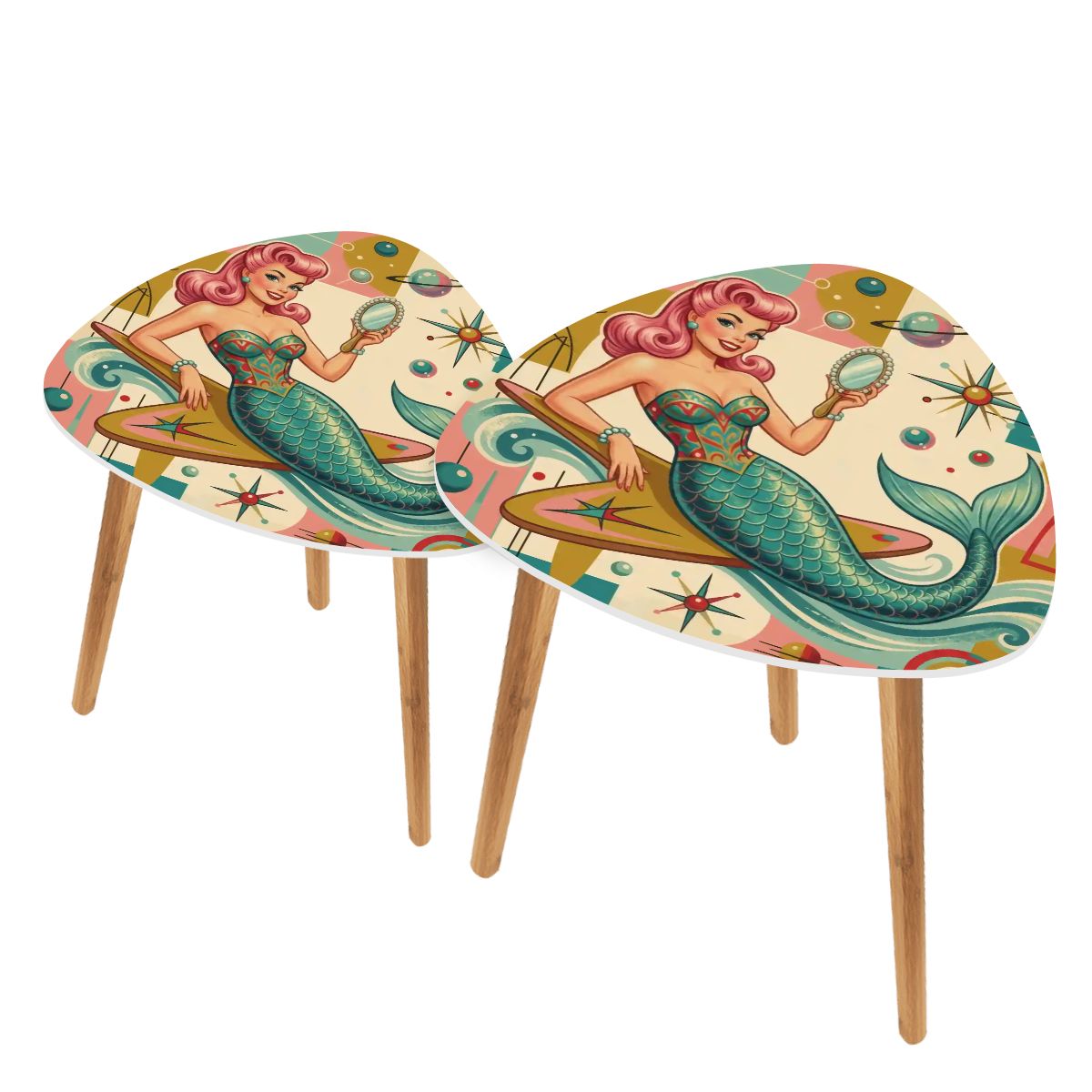 Kitschy 1950s Retro Mermaid Atomic Starburst Nesting Tables