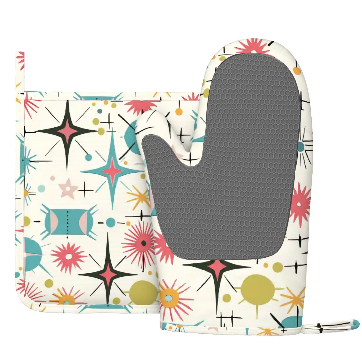Retro Atomic Starburst Sputnik Mid Century Modern Oven Mitts and Pot Holders Sets (Left)