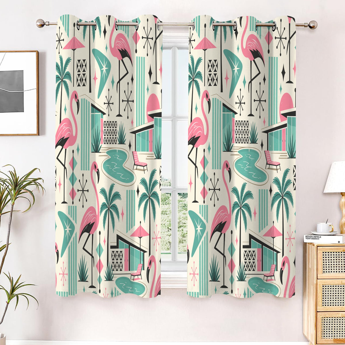 Palm Springs Flamingo Mid Century Modern Grommet Curtain Panels
