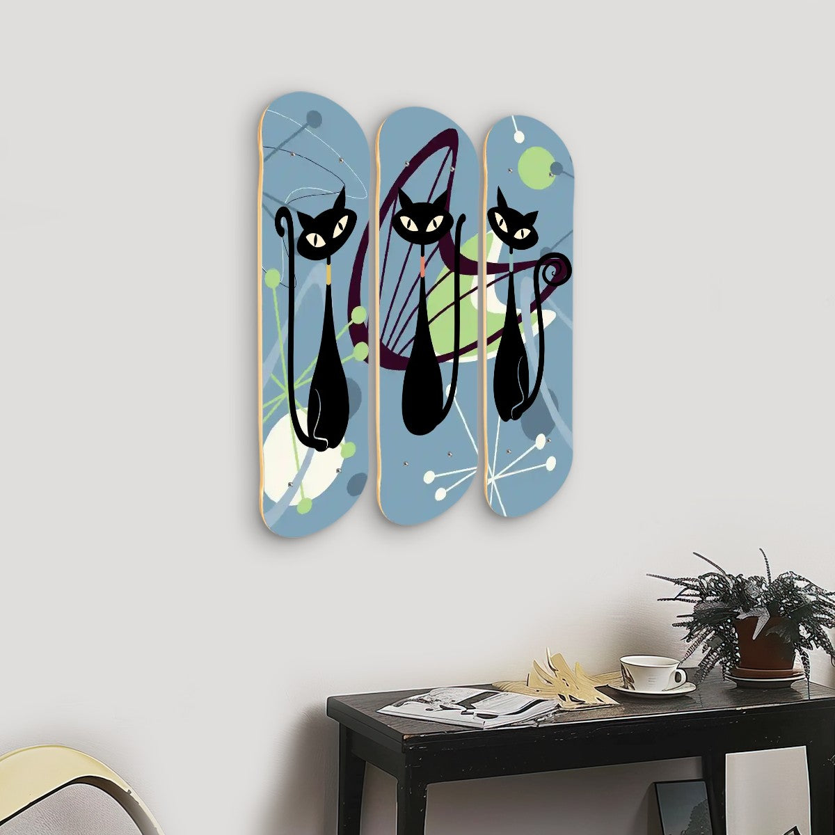 Atomic Cat 3 Panel Skateboard Wall Art, Mid Century Modern Retro Decor, Abstract Atomic Age Wood Print