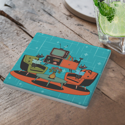 Atomic Cat Reading Lounge Coasters, Mid Century Modern 50s Drinkware