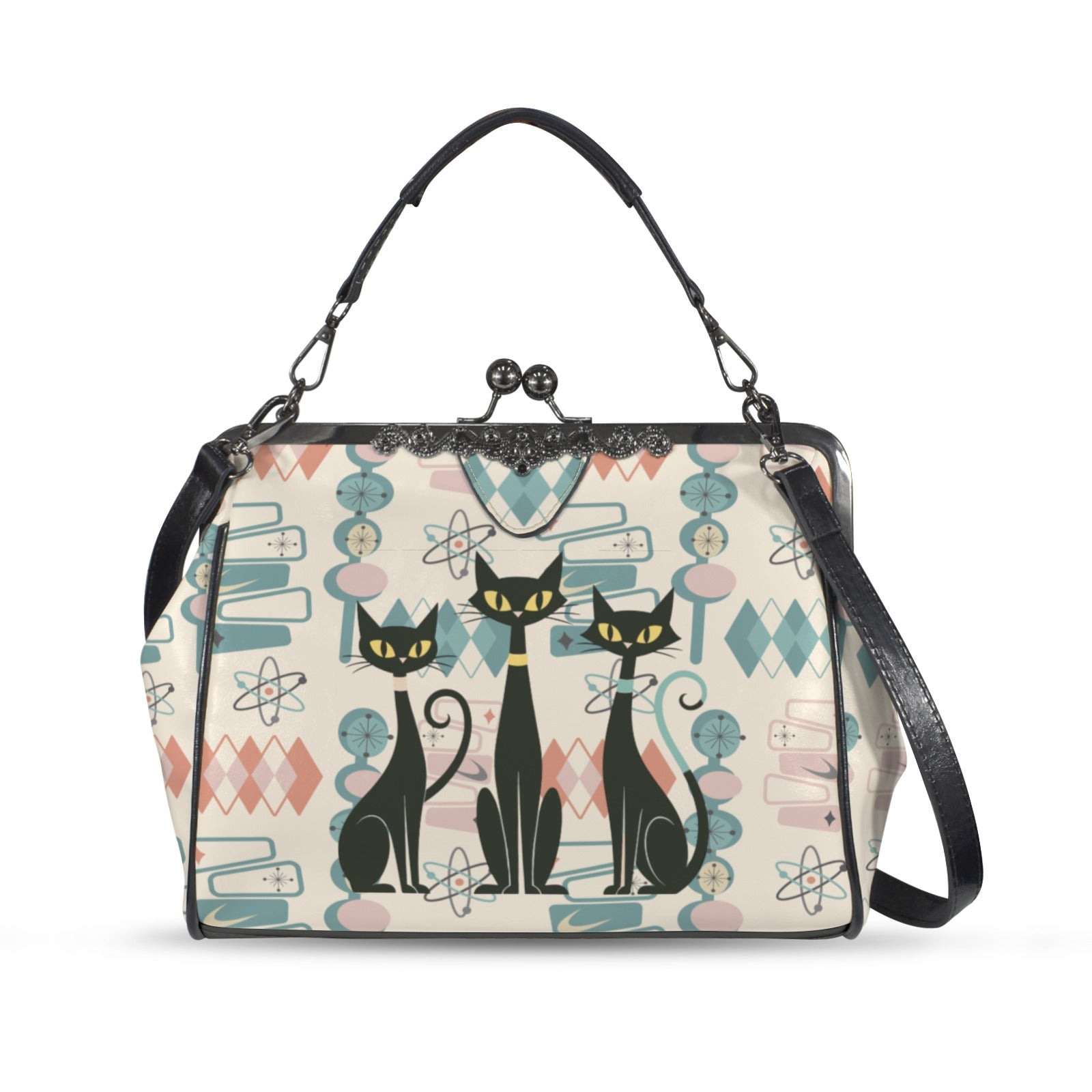 Atomic Cat Retro Mid Century Modern Starburst 50s Kiss Lock Bag