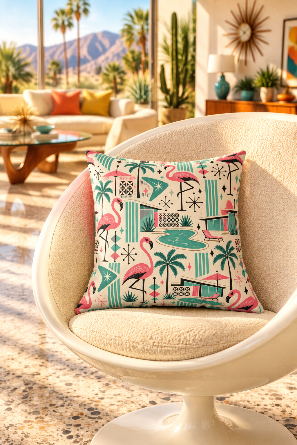 Palm Springs Flamingo Mid Century Modern Retro Throw Pillow