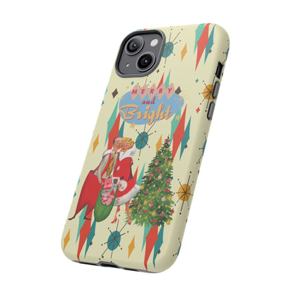 Merry and Bright Retro Christmas iPhone Case, 1950s Kitsch Mid Century Modern Holiday Cover, Atomic Starburst Vintage Phone Accessory