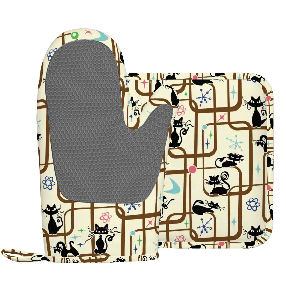 Atomic Cat Mid Century Modern Retro Oven Mitt Pot Holder Set (Right)