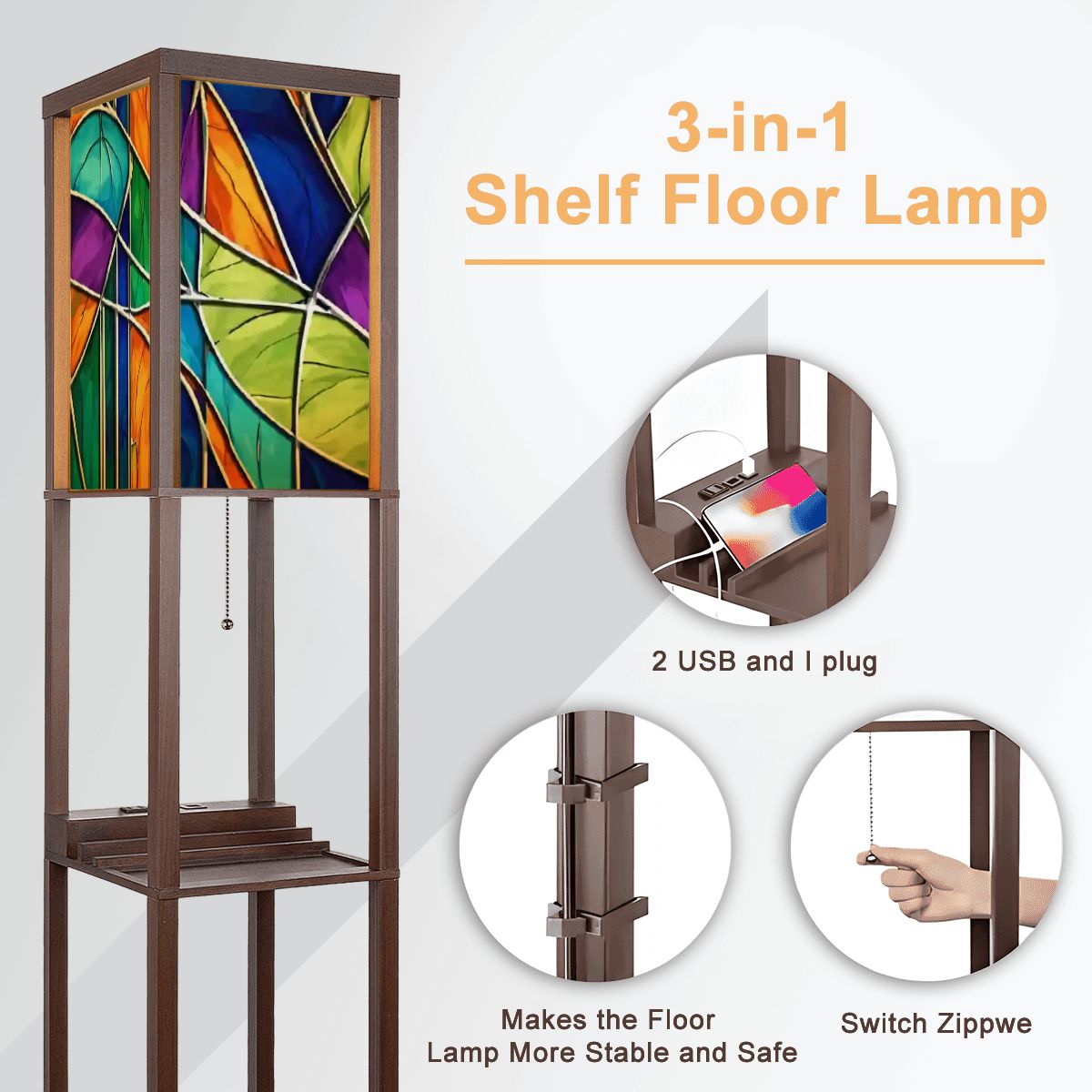 Mid Century Modern Faux Stained Glass Floor Lamp With Shelf