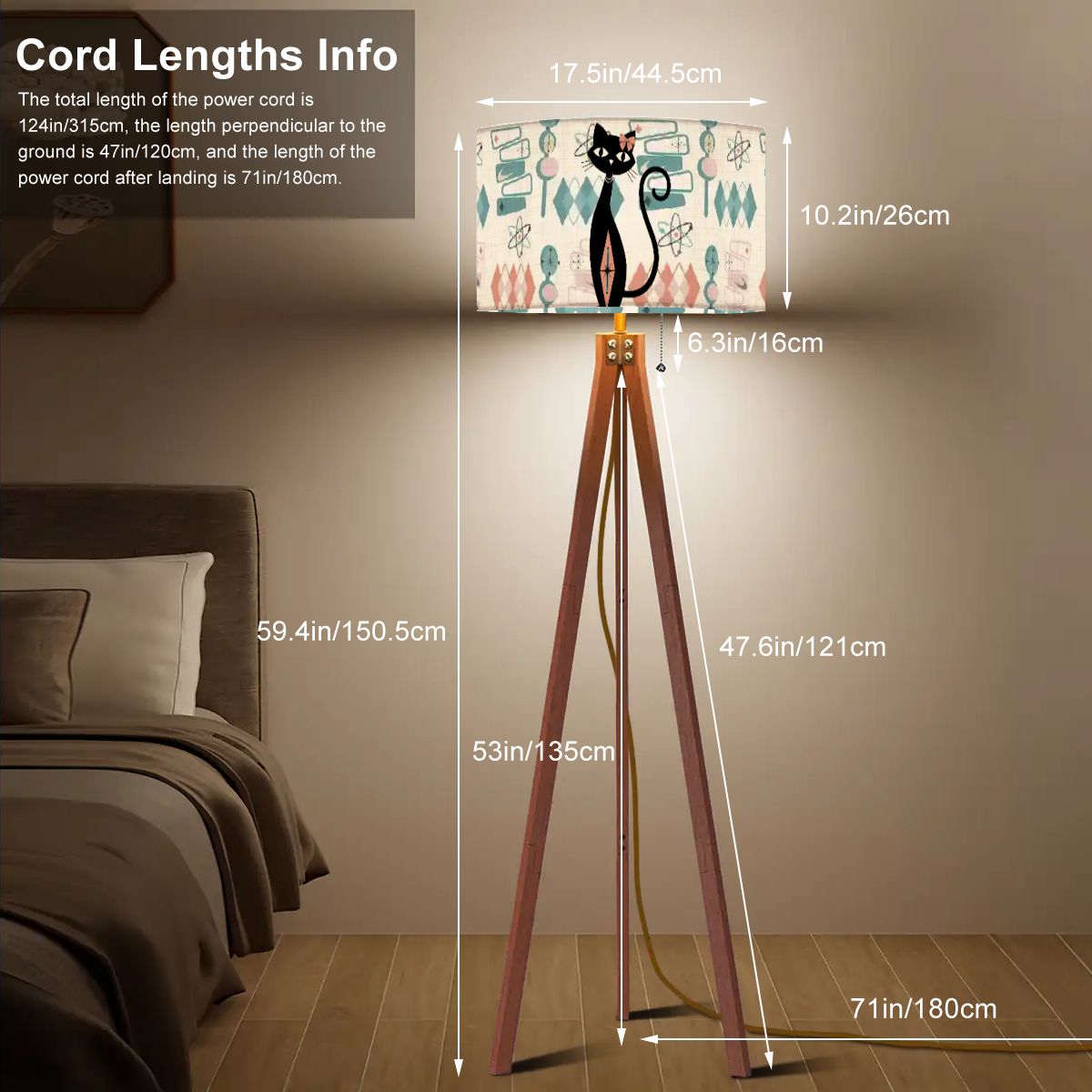 Atomic Cat Mid Century Modern Tripod Floor Lamp, Retro 1950S Geometric Accent Lighting