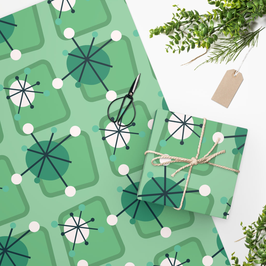 Mid Century Modern Retro Starburst Wrapping Paper, Atomic Age Green MCM Gift Wrap - 130982624