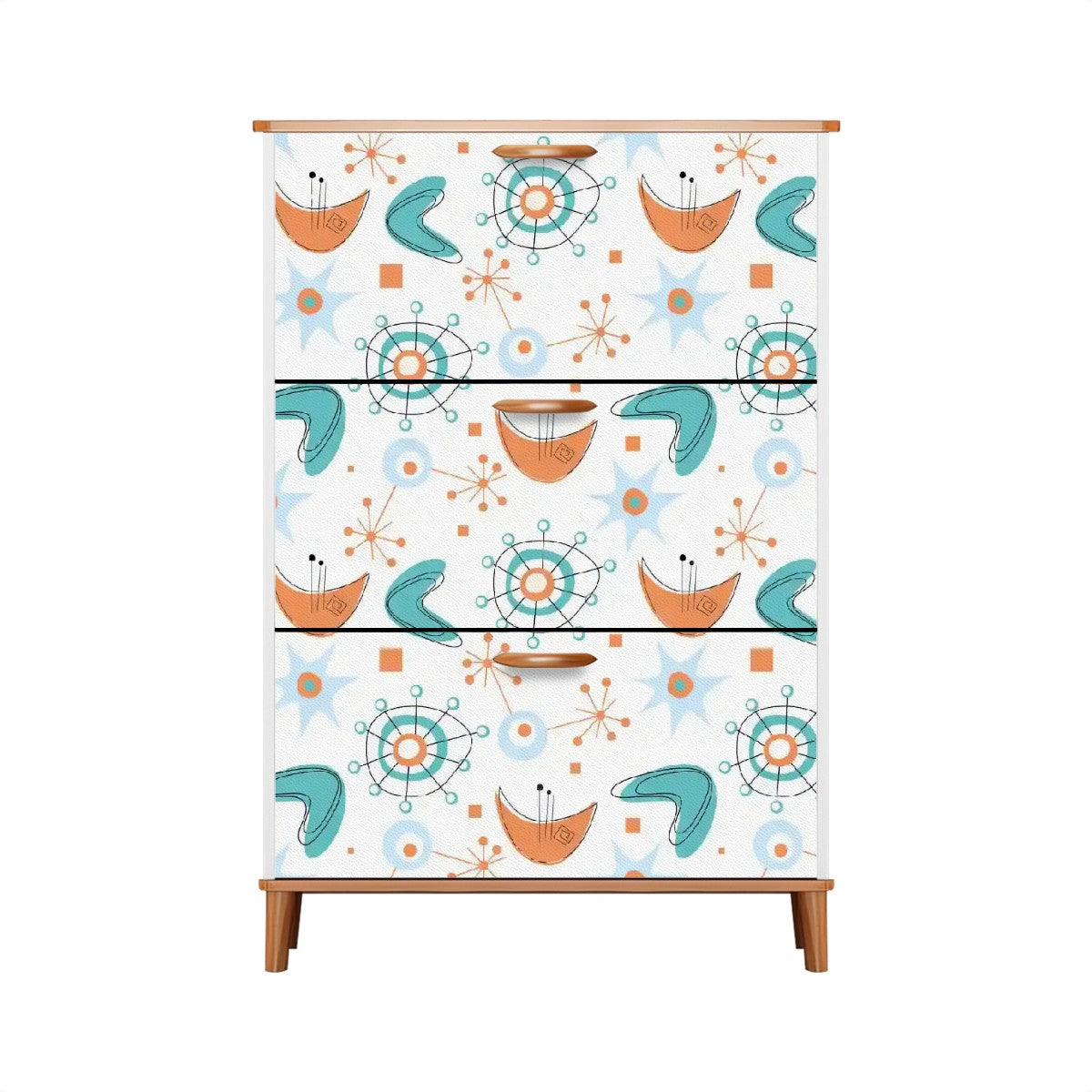 Mid Century Modern Flip Drawer Shoe Cabinet, Atomic Boomerang Starburst Design, Retro MCM Entryway Organizer