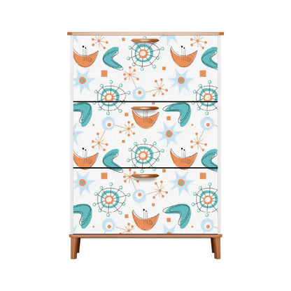 Mid Century Modern Flip Drawer Shoe Cabinet, Atomic Boomerang Starburst Design, Retro MCM Entryway Organizer