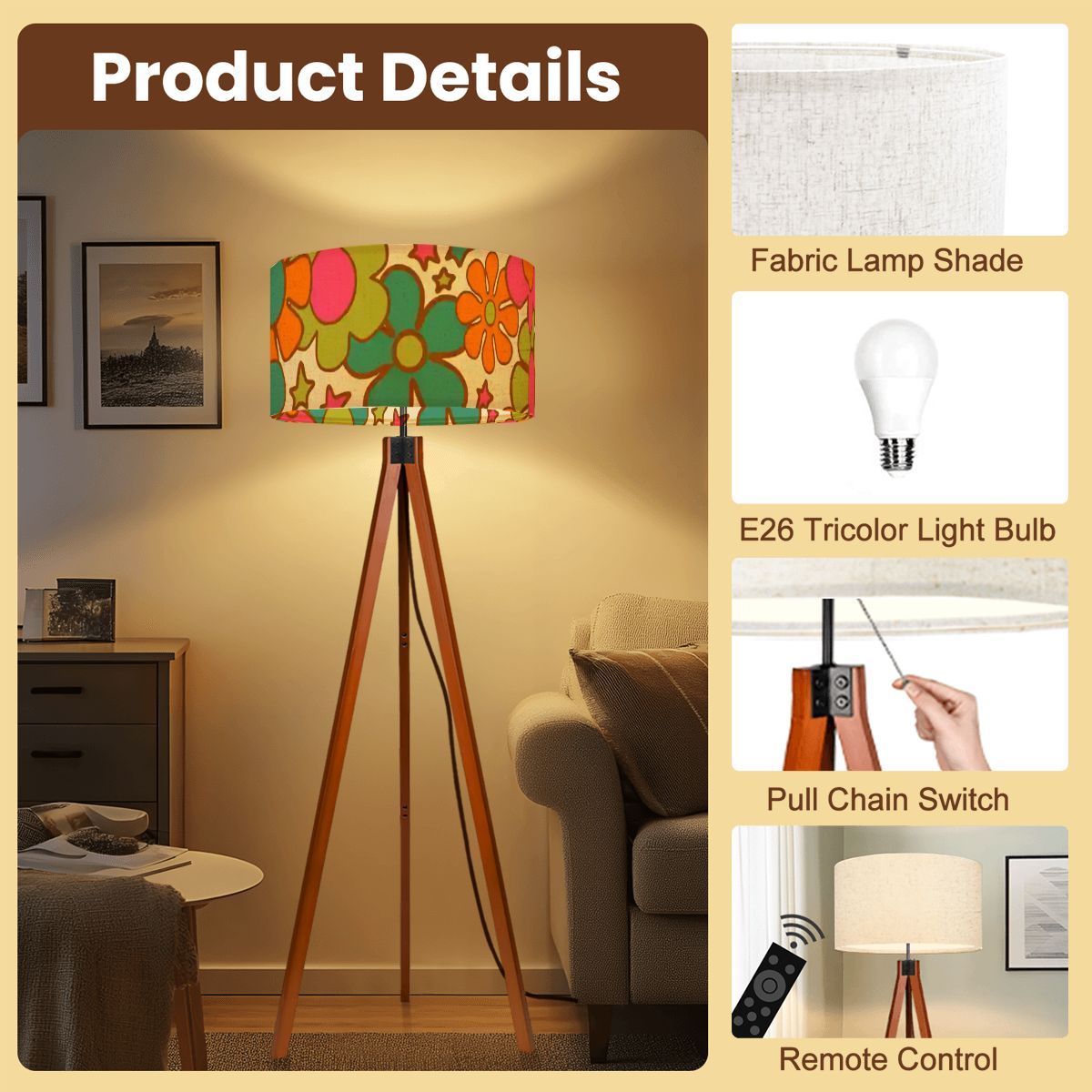 Groovy 70s Flower Power Mid Century Modern Tripod Floor Lamp
