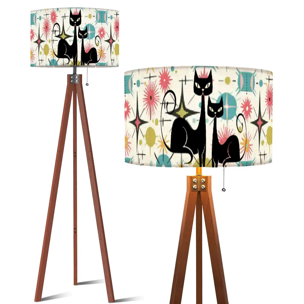 Kitschy Atomic Cat Starburst Mid Century Modern Tripod Floor Lamp