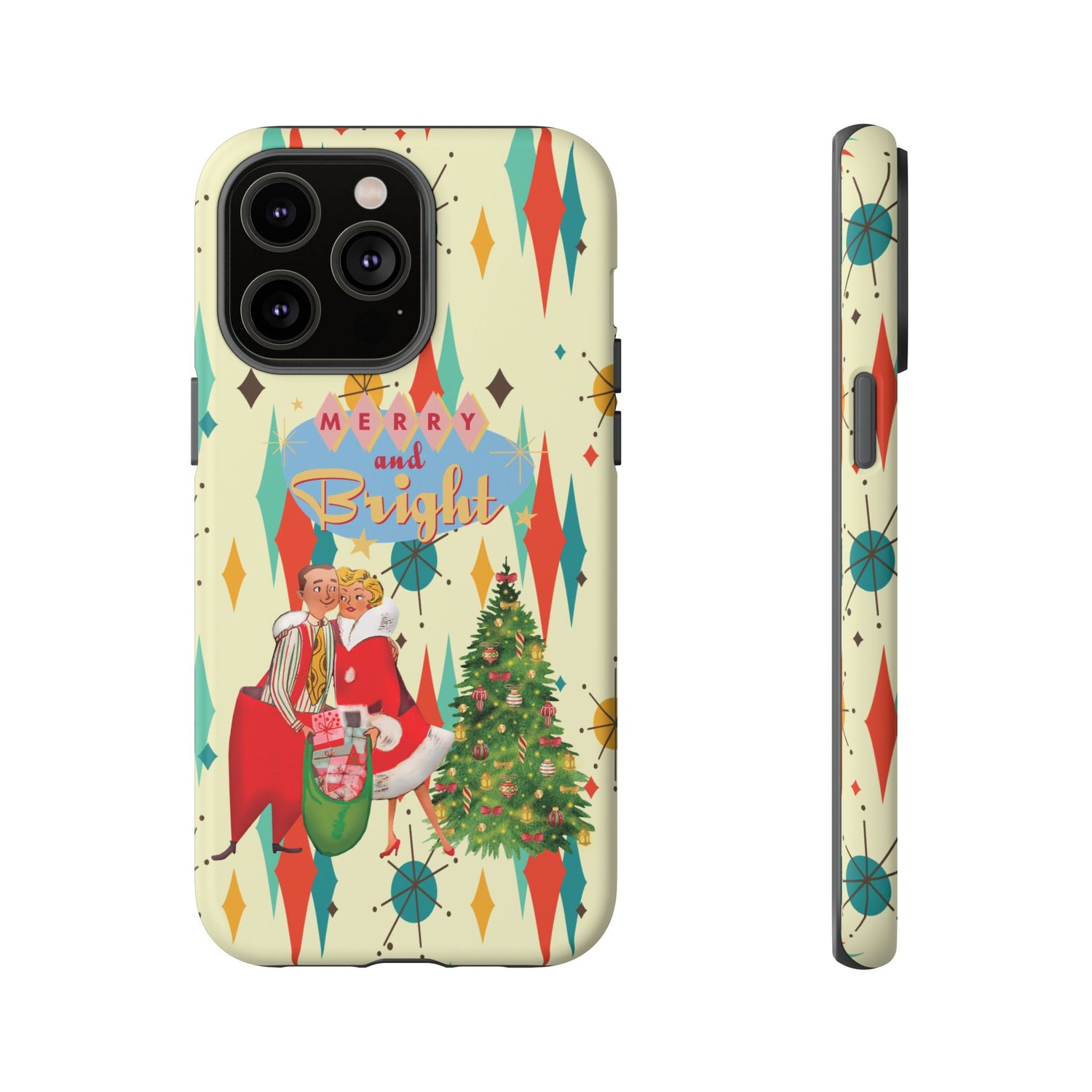 Merry and Bright Retro Christmas iPhone Case, 1950s Kitsch Mid Century Modern Holiday Cover, Atomic Starburst Vintage Phone Accessory