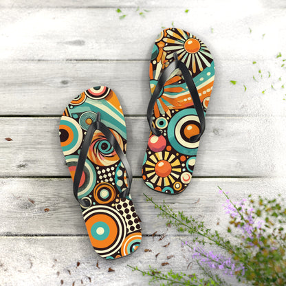 Groovy Orbs 70s Flip Flops, Retro Psychedelic Beach Sandals