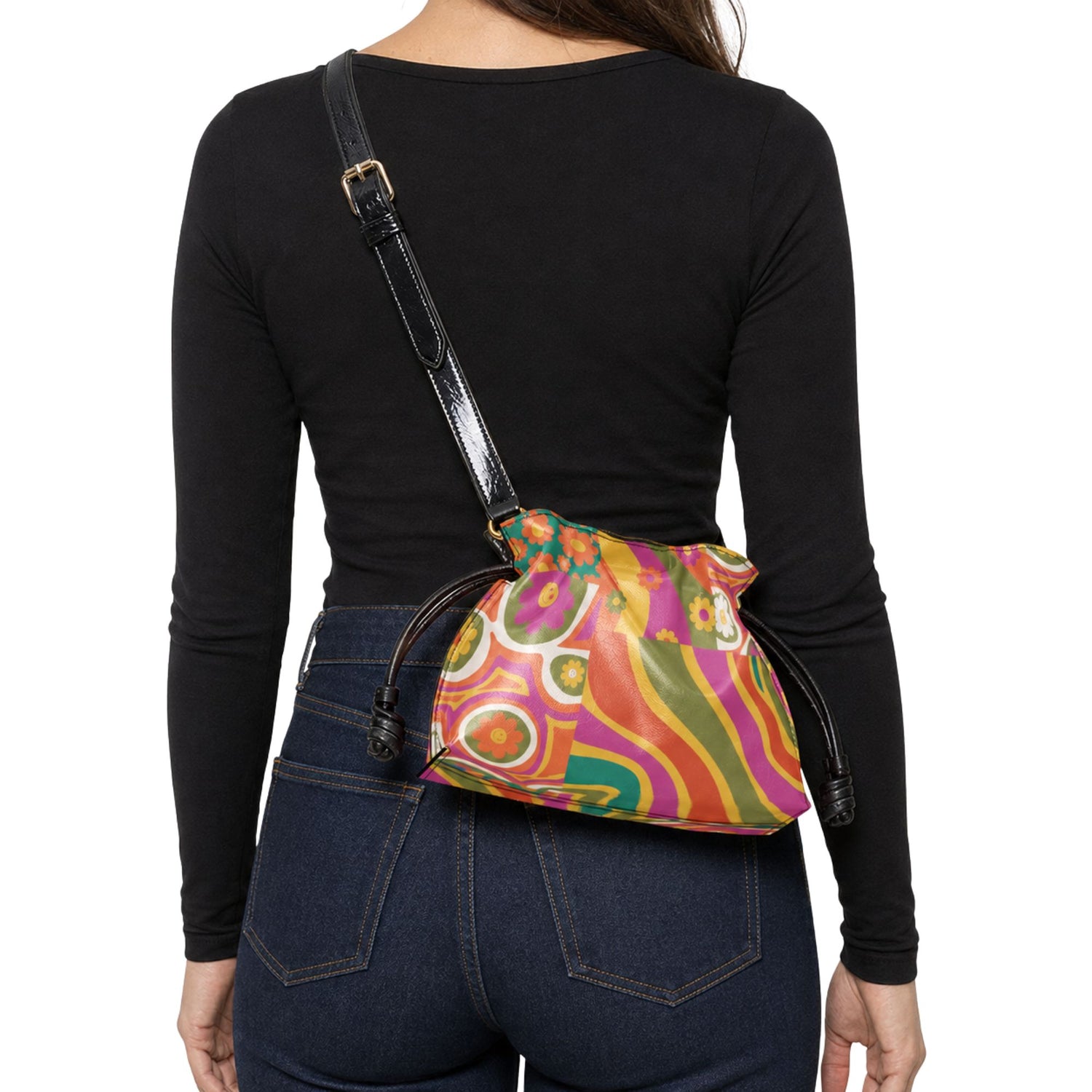 Groovy 70s Floral Mini Drawstring Crossbody Bag, Psychedelic Handbag