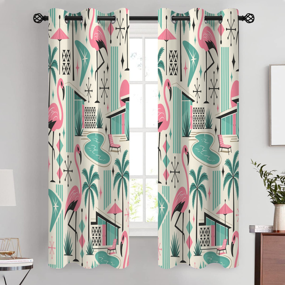 Palm Springs Flamingo Mid Century Modern Grommet Curtain Panels