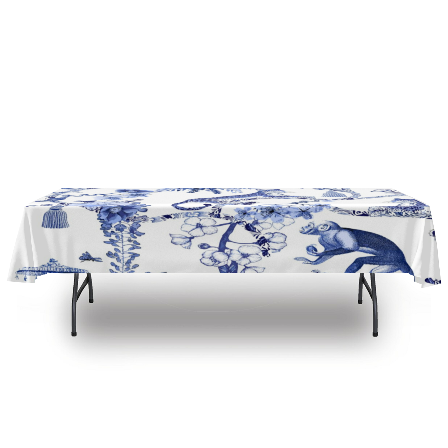 Chinoiserie Botanical Toile Rectangular Tablecloth, Floral Blue and White Chinoiserie Jungle Table Linen, Farmhouse Decor
