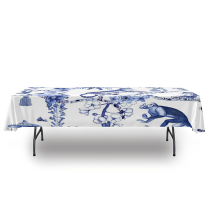 Chinoiserie Botanical Toile Rectangular Tablecloth, Floral Blue and White Chinoiserie Jungle Table Linen, Farmhouse Decor