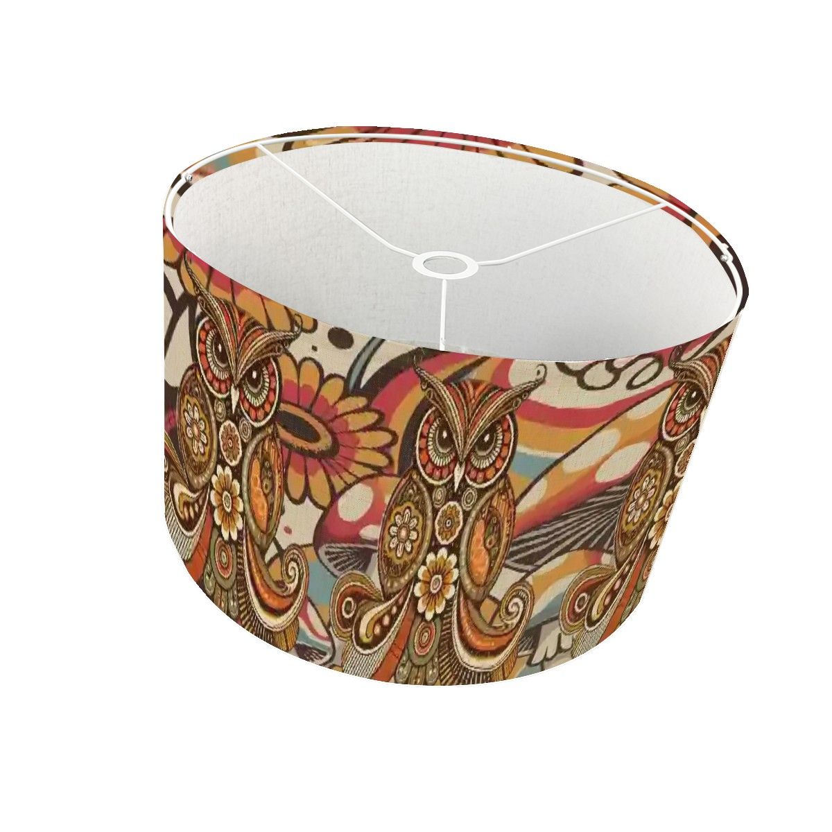 Psychedelic Owl Mushroom Drum Lampshade, Retro 1970s Boho Decor
