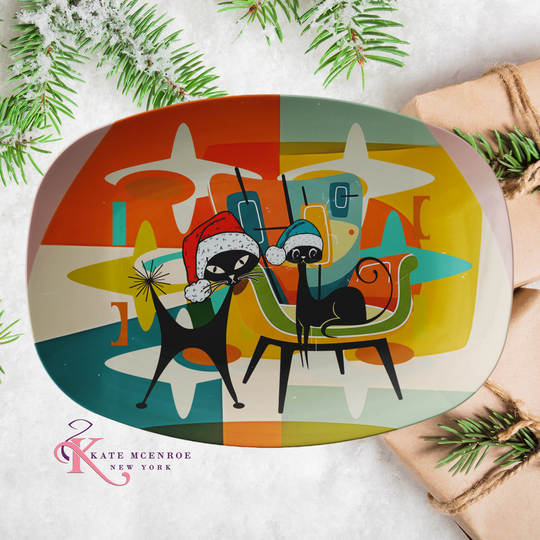 Atomic Cat Mid Century Modern Kitsch Christmas Holiday Serving Platter