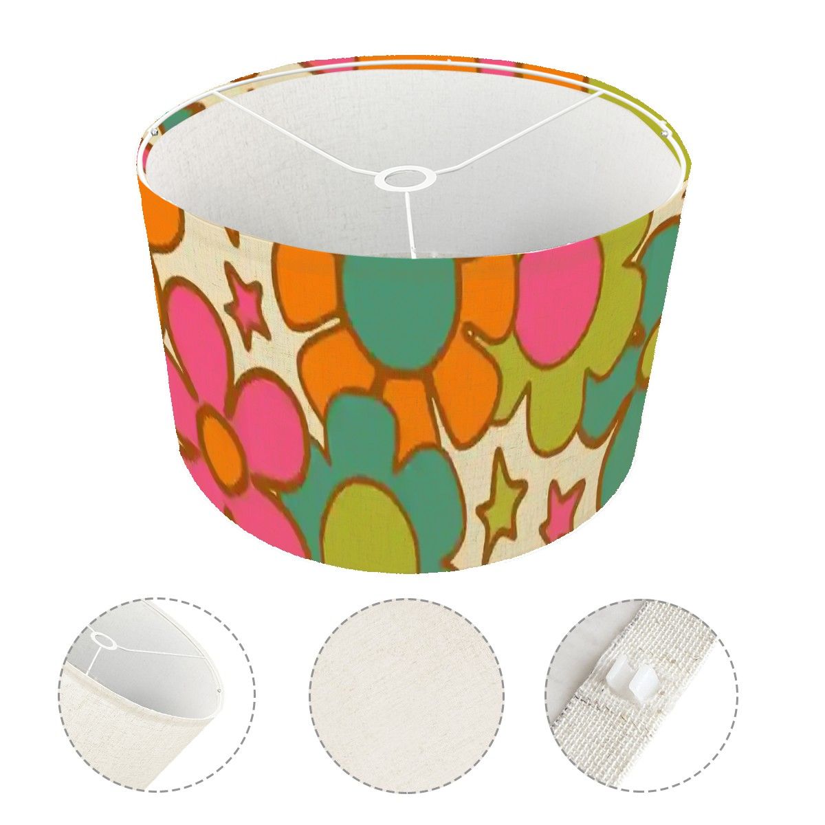 70s Flower Power Retro Floral Drum Lamp Shade, Mid Century Modern