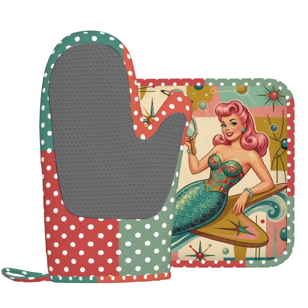 1950s Retro Mermaid Atomic Starburst Oven Mitt Pot Holder Set (Right)