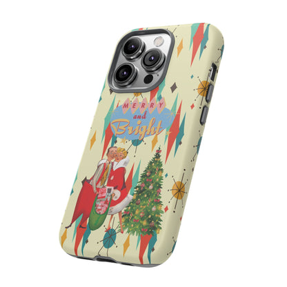 Merry and Bright Retro Christmas iPhone Case, 1950s Kitsch Mid Century Modern Holiday Cover, Atomic Starburst Vintage Phone Accessory