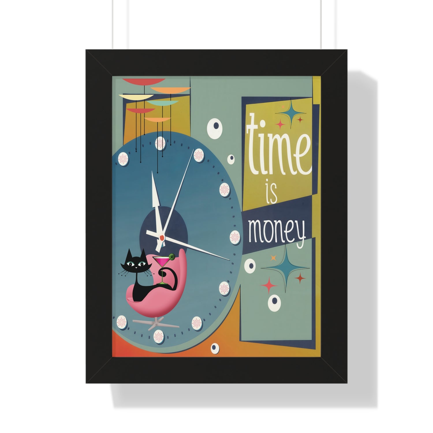 Atomic Cat Mid Century Modern Time is Money Framed Vertical Poster, Retro 50s Wall Art, MCM Clock Starburst Decor