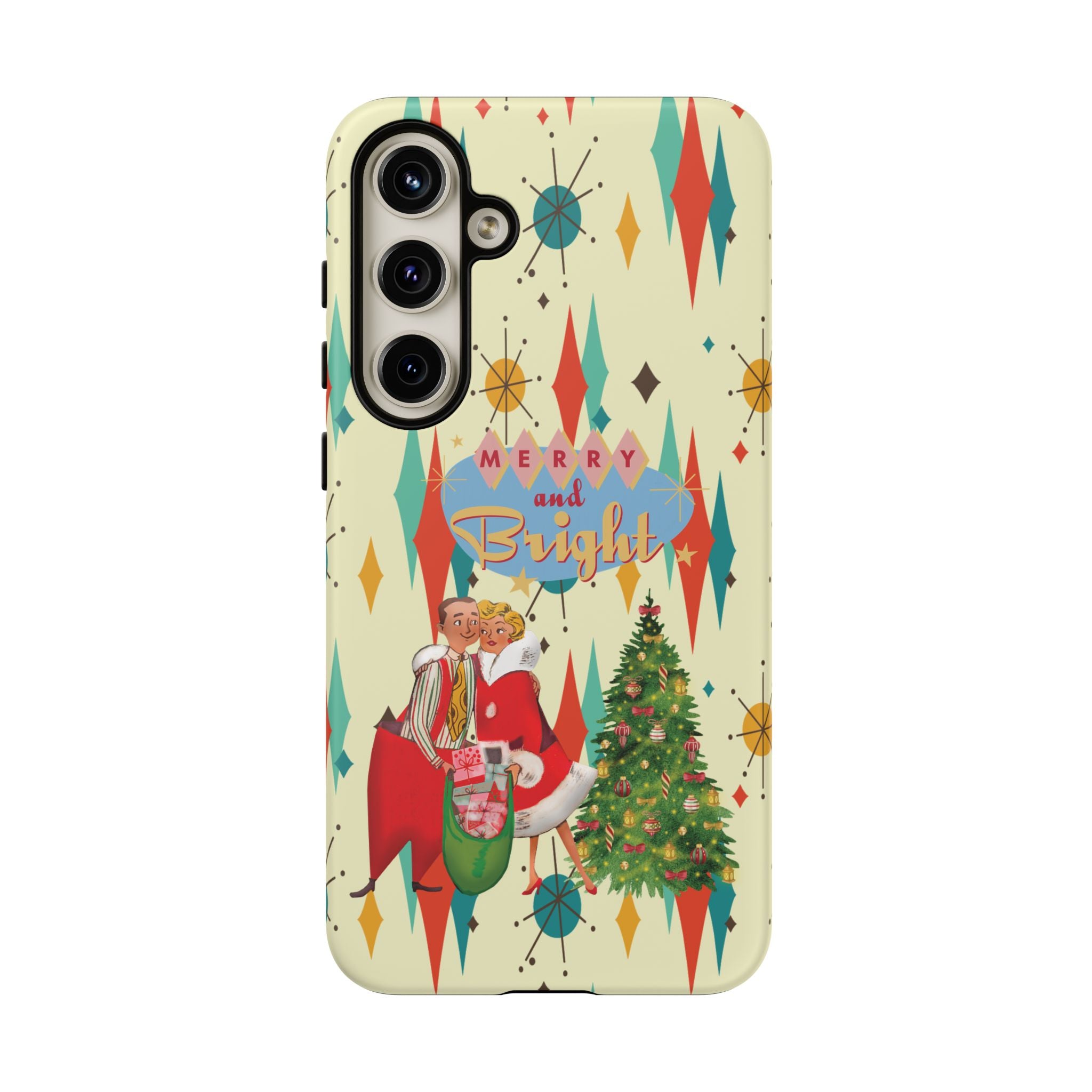 Merry and Bright Retro Christmas iPhone Case, 1950s Kitsch Mid Century Modern Holiday Cover, Atomic Starburst Vintage Phone Accessory