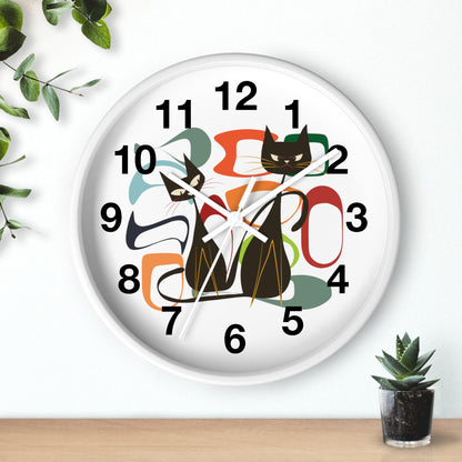 Atomic Cat Wall Clock, Mid Century Modern Retro Style, Orange, Green, and Blue, Wall Art Decor