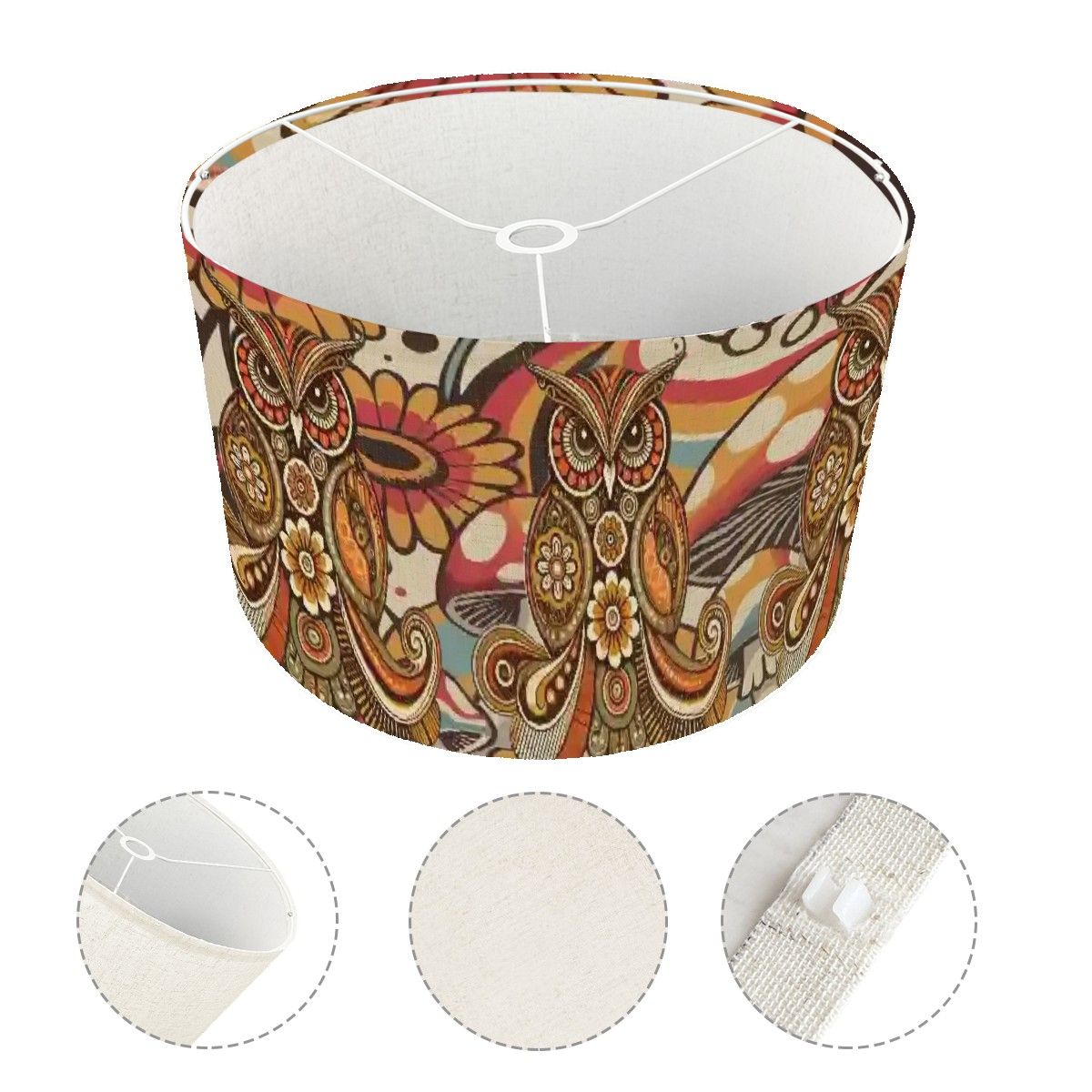 Psychedelic Owl Mushroom Drum Lampshade, Retro 1970s Boho Decor
