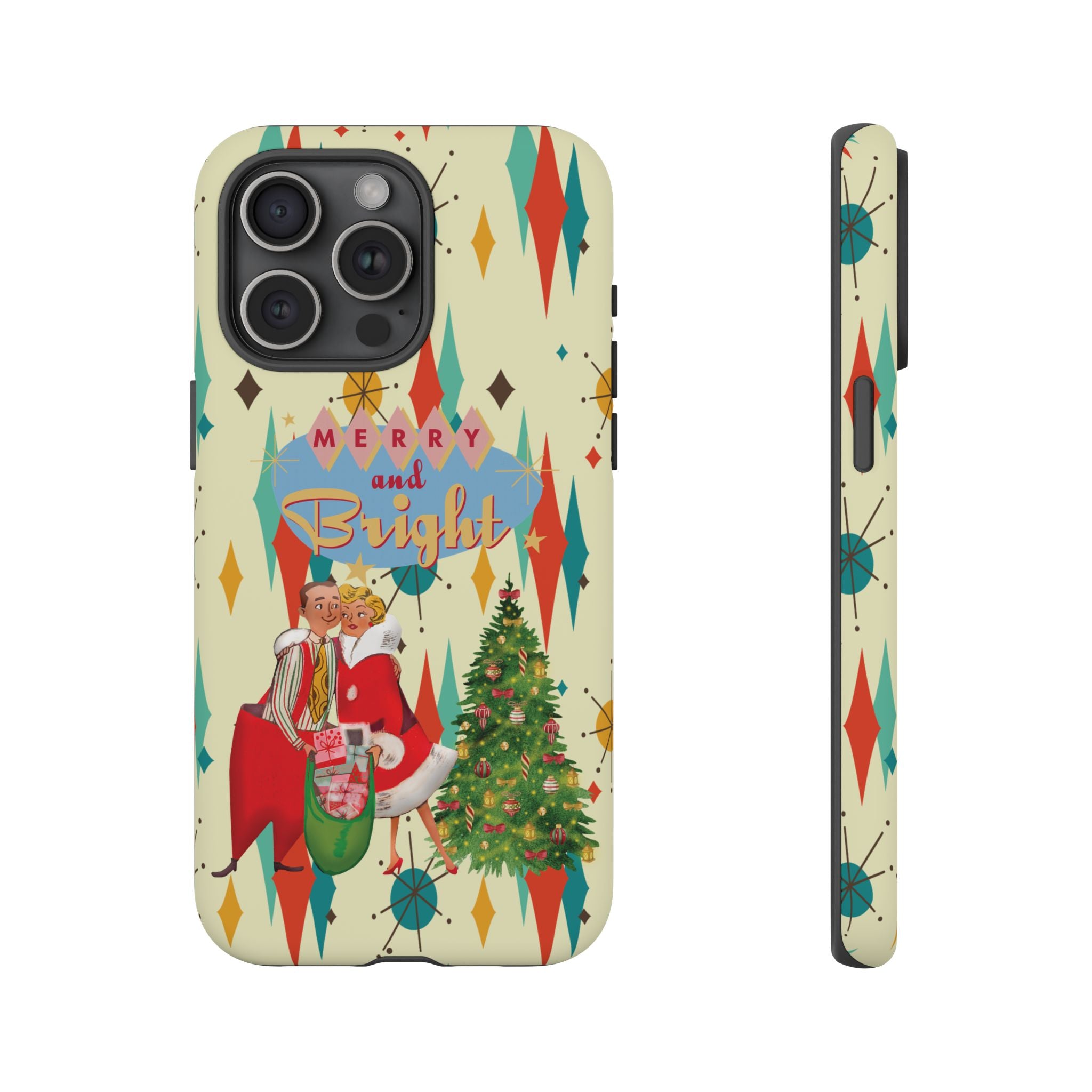 Merry and Bright Retro Christmas iPhone Case, 1950s Kitsch Mid Century Modern Holiday Cover, Atomic Starburst Vintage Phone Accessory