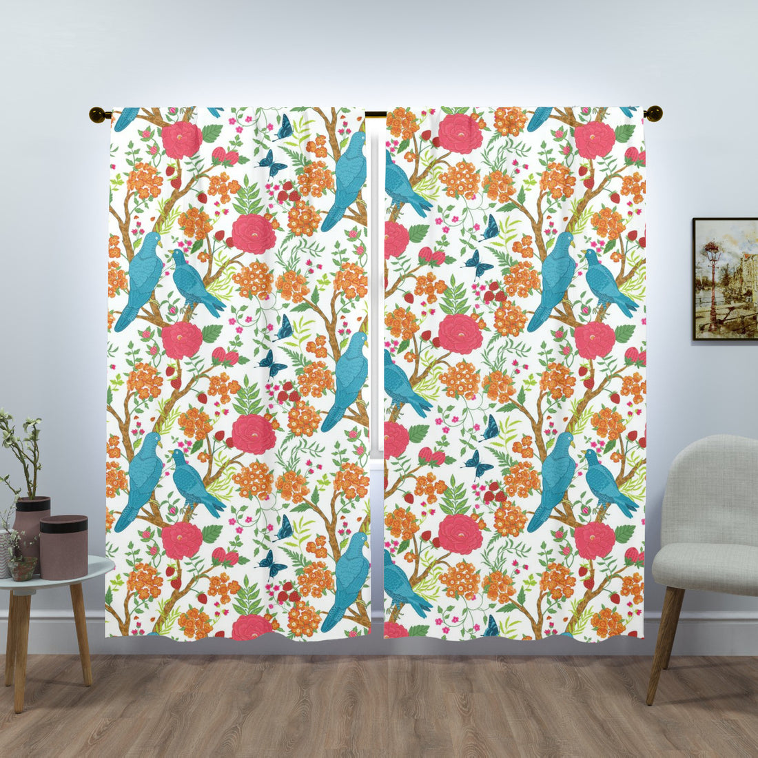 Chinoiserie Bird Garden Semi-Opaque Curtain, Botanical Floral Window Treatment, Exotic Vintage Decor