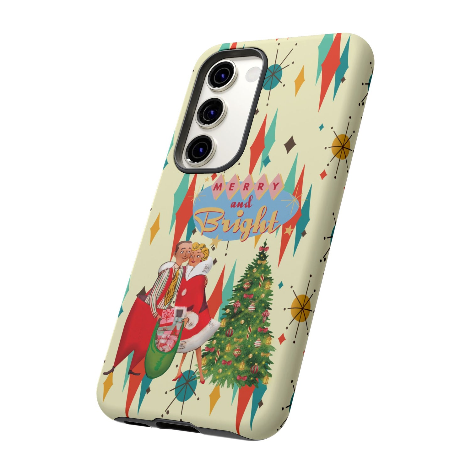 Merry and Bright Retro Christmas iPhone Case, 1950s Kitsch Mid Century Modern Holiday Cover, Atomic Starburst Vintage Phone Accessory