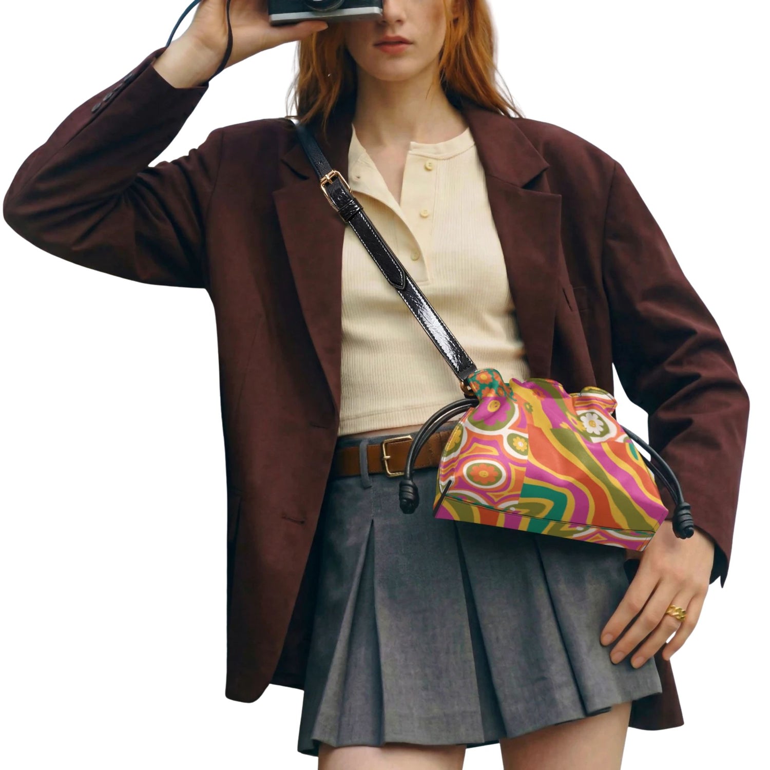 Groovy 70s Floral Mini Drawstring Crossbody Bag, Psychedelic Handbag