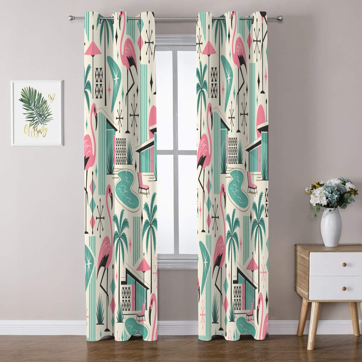 Palm Springs Flamingo Mid Century Modern Grommet Curtain Panels