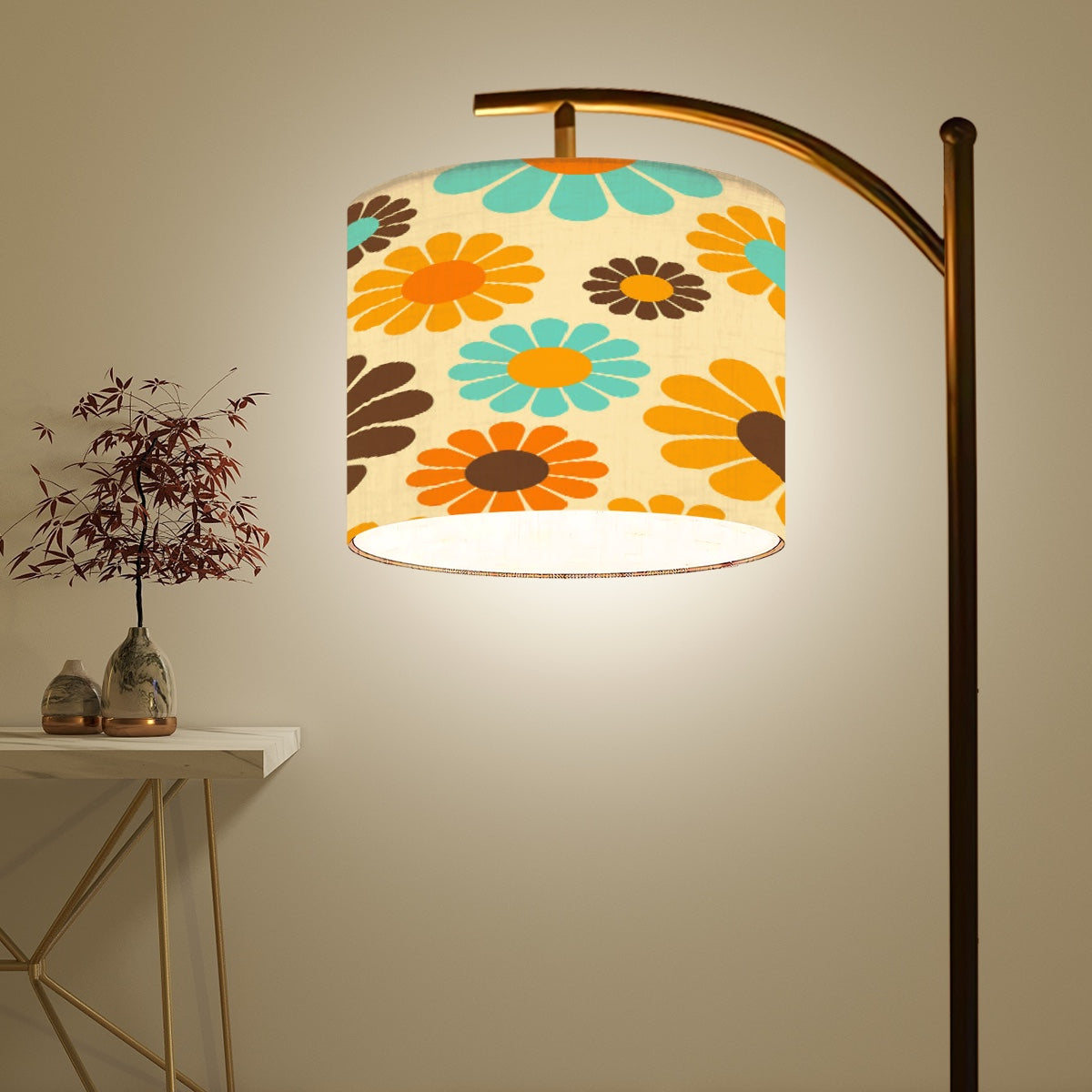 Retro 70s Daisy Floral Arc Floor Lamp, Mid Century Modern Turquoise Orange Brown Decor