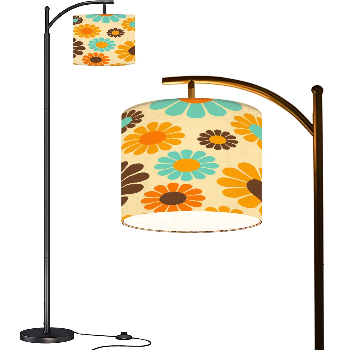 Retro 70s Daisy Floral Arc Floor Lamp, Mid Century Modern Turquoise Orange Brown Decor